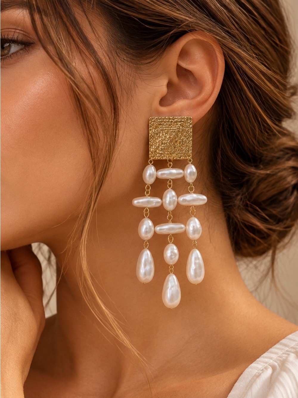 Gold and White Pearl Drop Earrings - Elegant Women Jewelry